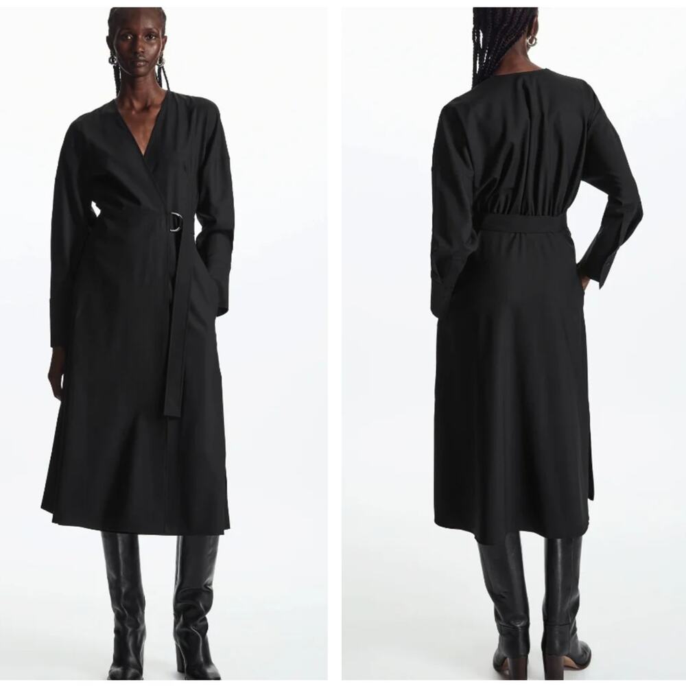 COS Wool Crepe Midi Wrap Dress Black